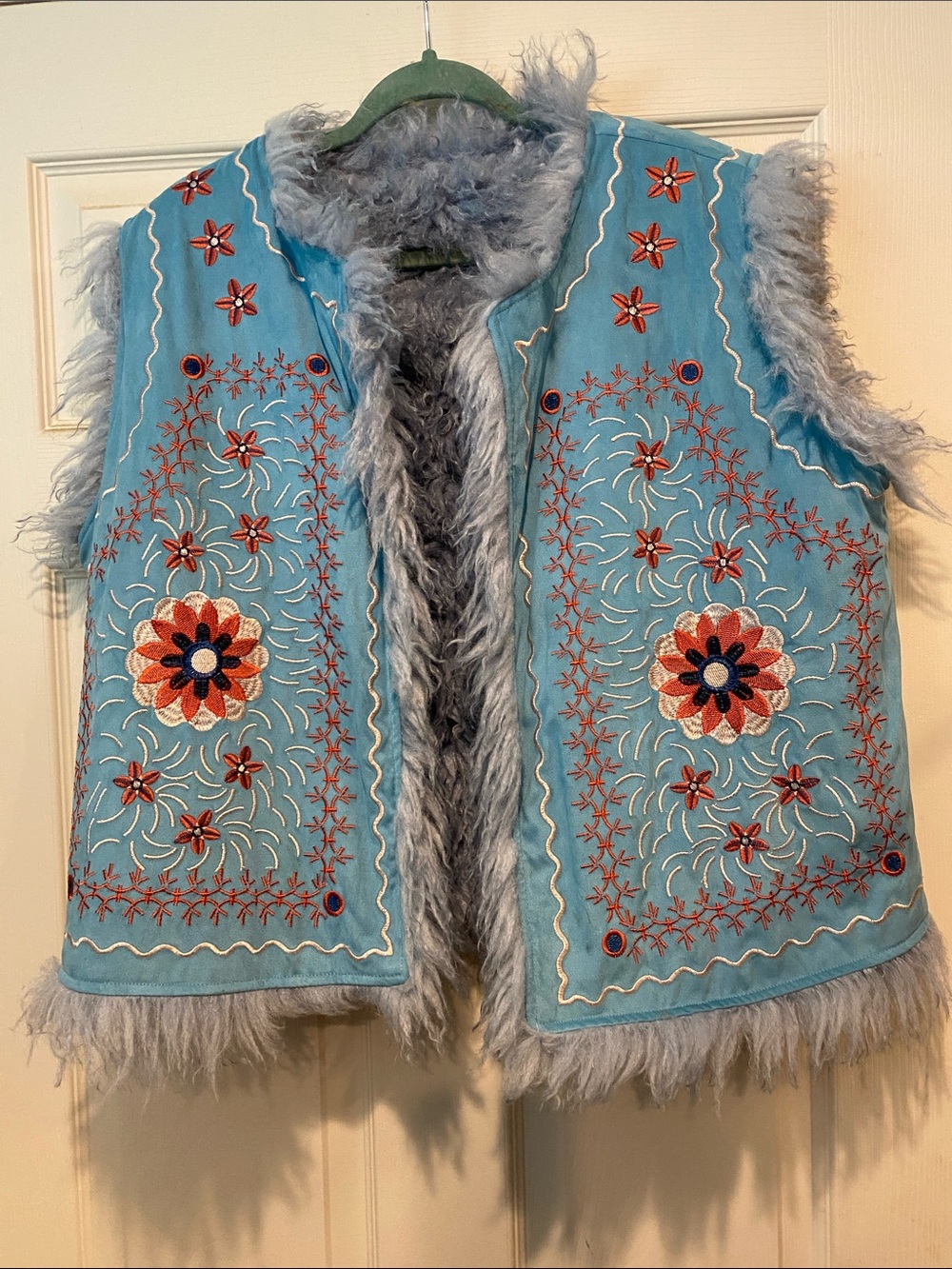 Embroidered Faux-Fur Lined Blue Vest
